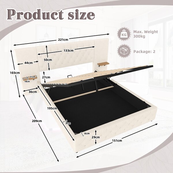 Modern Bed Frame with Wide Button-Tufted Headboard, Integrated LED Lighting, Bed Base with USB-C Ports, 209L x 221W x 103H cm, Beige Aosom UK