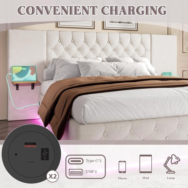 Modern Bed Frame with Wide Button-Tufted Headboard, Integrated LED Lighting, Bed Base with USB-C Ports, 209L x 221W x 103H cm, Beige Aosom UK