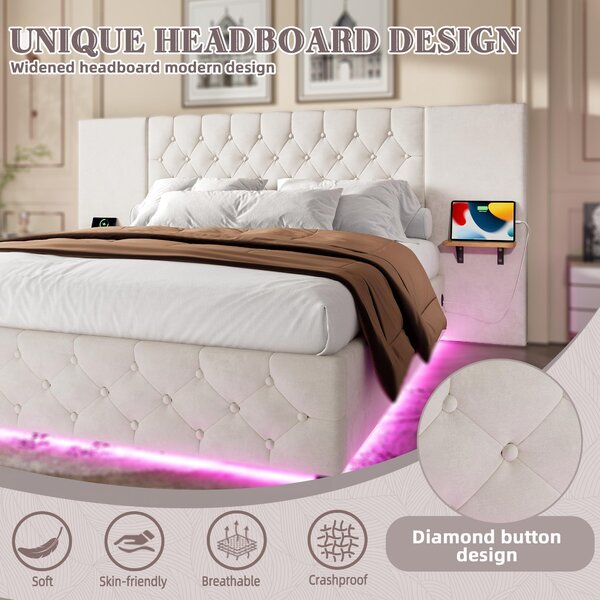 Modern Bed Frame with Wide Button-Tufted Headboard, Integrated LED Lighting, Bed Base with USB-C Ports, 209L x 221W x 103H cm, Beige Aosom UK