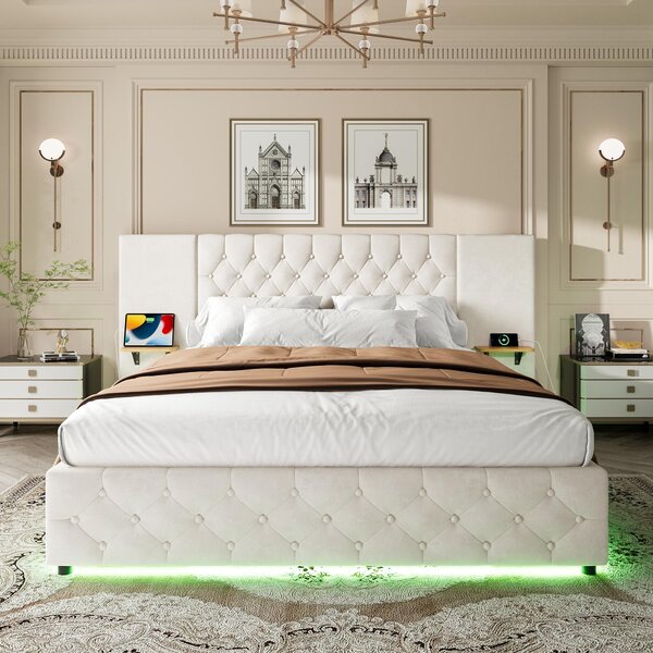 Modern Bed Frame with Wide Button-Tufted Headboard, Integrated LED Lighting, Bed Base with USB-C Ports, 209L x 221W x 103H cm, Beige Aosom UK