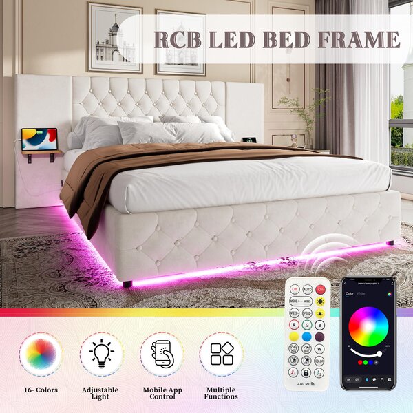 Modern Bed Frame with Wide Button-Tufted Headboard, Integrated LED Lighting, Bed Base with USB-C Ports, 209L x 221W x 103H cm, Beige Aosom UK