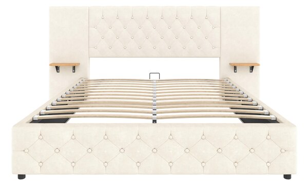 Modern Bed Frame with Wide Button-Tufted Headboard, Integrated LED Lighting, Bed Base with USB-C Ports, 209L x 221W x 103H cm, Beige Aosom UK