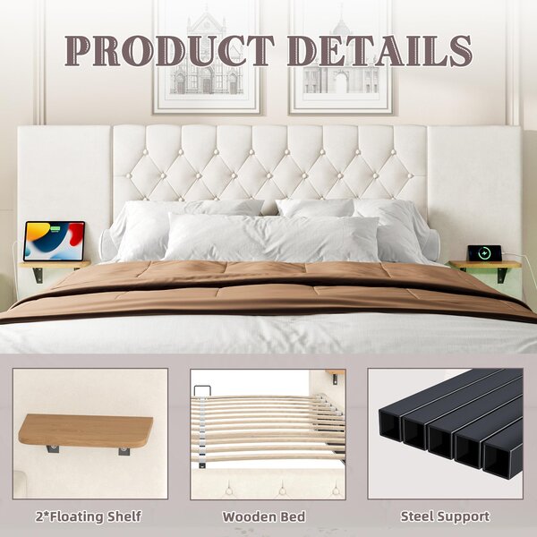 Modern Bed Frame with Wide Button-Tufted Headboard, Integrated LED Lighting, Bed Base with USB-C Ports, 209L x 221W x 103H cm, Beige Aosom UK