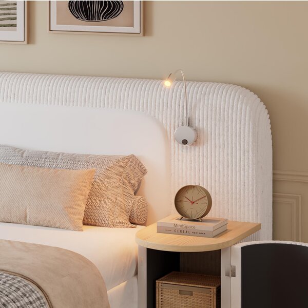Upholstered 4ft6 Double Bed with Built‑in Bedside Reading Light, Bedside Table, Sleeper for Living Room, 205L x 91W x 200.5H cm, Beige Aosom UK