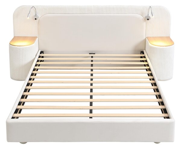 Upholstered 4ft6 Double Bed with Built‑in Bedside Reading Light, Bedside Table, Sleeper for Living Room, 205L x 91W x 200.5H cm, Beige Aosom UK