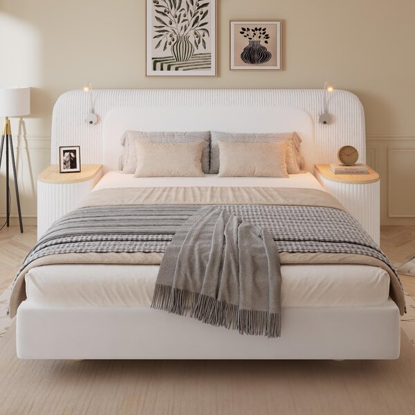 Upholstered 4ft6 Double Bed with Built‑in Bedside Reading Light, Bedside Table, Sleeper for Living Room, 205L x 91W x 200.5H cm, Beige Aosom UK