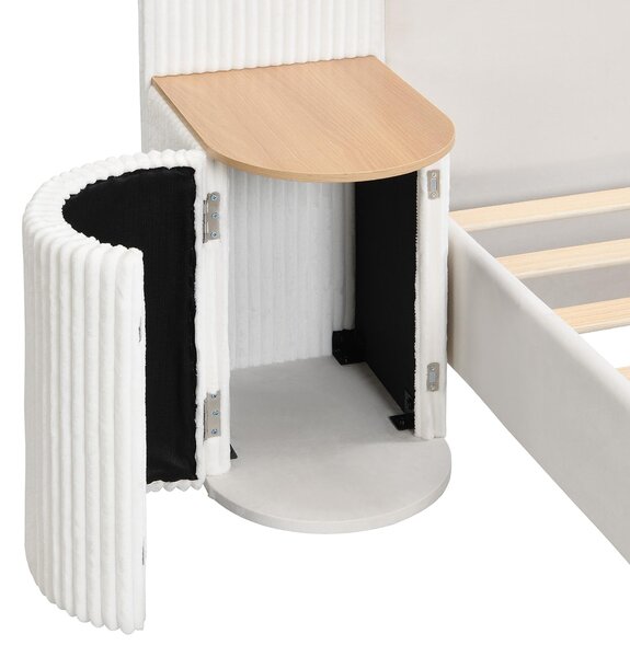 Upholstered 4ft6 Double Bed with Built‑in Bedside Reading Light, Bedside Table, Sleeper for Living Room, 205L x 91W x 200.5H cm, Beige Aosom UK