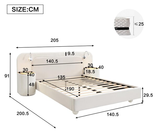 Upholstered 4ft6 Double Bed with Built‑in Bedside Reading Light, Bedside Table, Sleeper for Living Room, 205L x 91W x 200.5H cm, Beige Aosom UK
