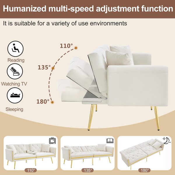 Two-seater Sofa Bed with 3-Position Adjustable Backrest, Concealed Cup Holders, Daybed for Compact Room, 174L x 76W x 71.5H cm, White Aosom UK