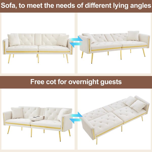 Two-seater Sofa Bed with 3-Position Adjustable Backrest, Concealed Cup Holders, Daybed for Compact Room, 174L x 76W x 71.5H cm, White Aosom UK