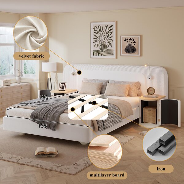 Upholstered 4ft6 Double Bed with Built‑in Bedside Reading Light, Bedside Table, Sleeper for Living Room, 205L x 91W x 200.5H cm, Beige Aosom UK
