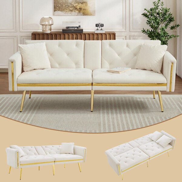 Two-seater Sofa Bed with 3-Position Adjustable Backrest, Concealed Cup Holders, Daybed for Compact Room, 174L x 76W x 71.5H cm, White Aosom UK