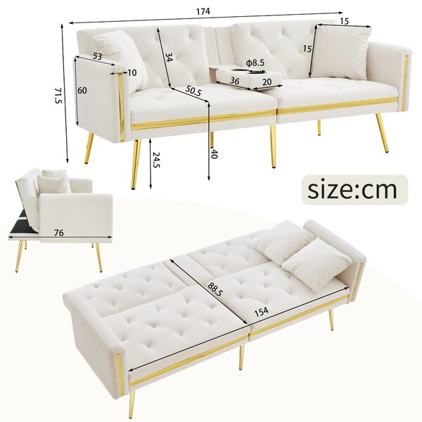 Two-seater Sofa Bed with 3-Position Adjustable Backrest, Concealed Cup Holders, Daybed for Compact Room, 174L x 76W x 71.5H cm, White Aosom UK