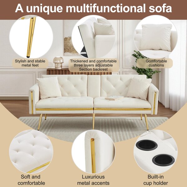 Two-seater Sofa Bed with 3-Position Adjustable Backrest, Concealed Cup Holders, Daybed for Compact Room, 174L x 76W x 71.5H cm, White Aosom UK