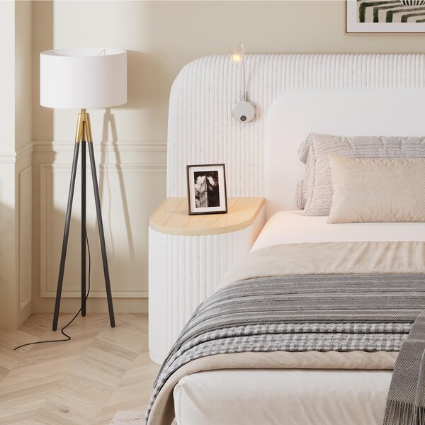 Upholstered 4ft6 Double Bed with Built‑in Bedside Reading Light, Bedside Table, Sleeper for Living Room, 205L x 91W x 200.5H cm, Beige Aosom UK