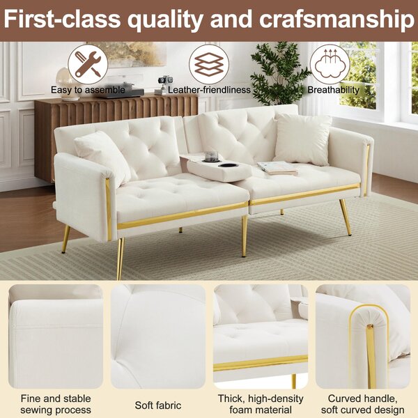 Two-seater Sofa Bed with 3-Position Adjustable Backrest, Concealed Cup Holders, Daybed for Compact Room, 174L x 76W x 71.5H cm, White Aosom UK