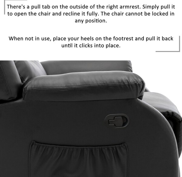Adjustable Pull‑tab Recliner with Side Storage Pocket, Padded Cushions, High‑back Armchair for the Elderly, 82L x 86W x 99H cm, Black Aosom UK