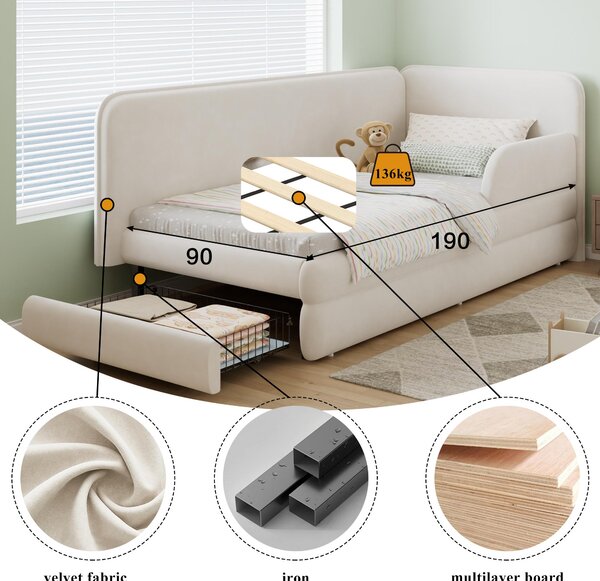 Upholstered 3ft Single Bed with Drawer and Fitted Side Rails, Velvet Upholstery Daybed for Compact Room, 205.5L x 80W x 98H cm, Beige Aosom UK