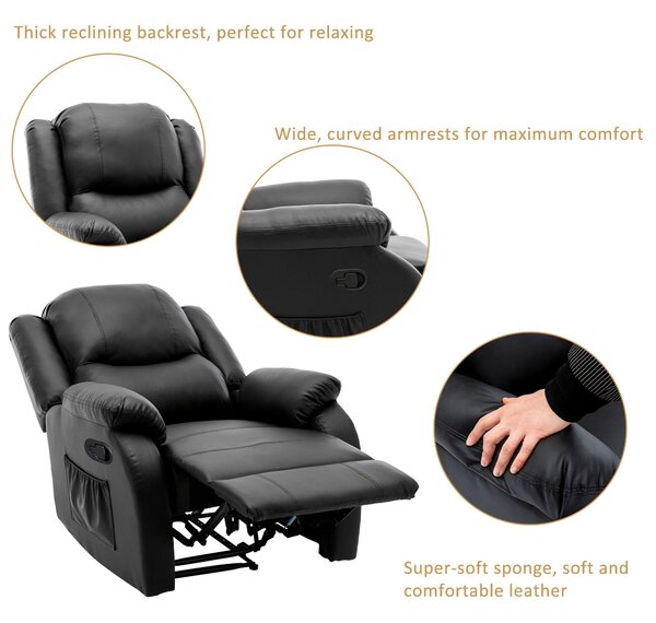 Adjustable Pull‑tab Recliner with Side Storage Pocket, Padded Cushions, High‑back Armchair for the Elderly, 82L x 86W x 99H cm, Black Aosom UK