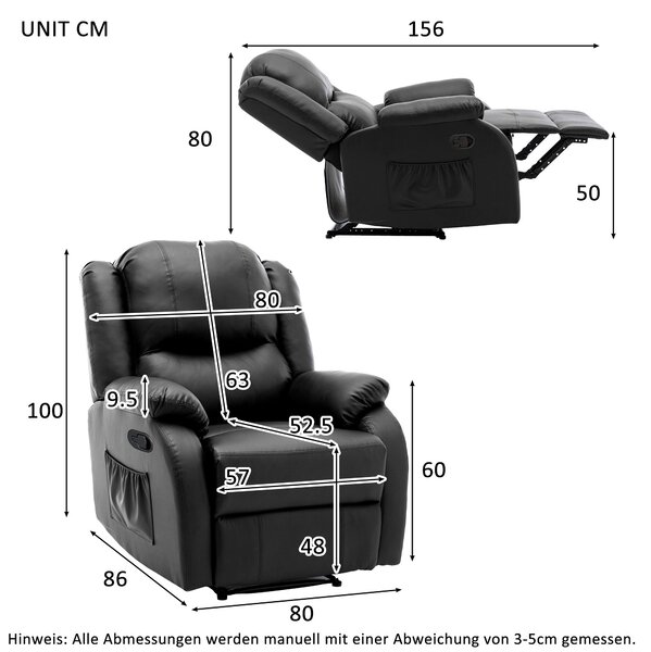 Adjustable Pull‑tab Recliner with Side Storage Pocket, Padded Cushions, High‑back Armchair for the Elderly, 82L x 86W x 99H cm, Black Aosom UK