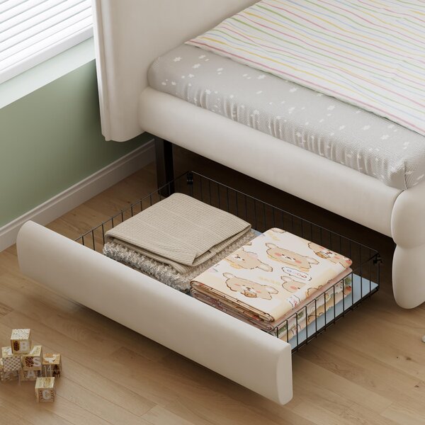 Upholstered 3ft Single Bed with Drawer and Fitted Side Rails, Velvet Upholstery Daybed for Compact Room, 205.5L x 80W x 98H cm, Beige Aosom UK