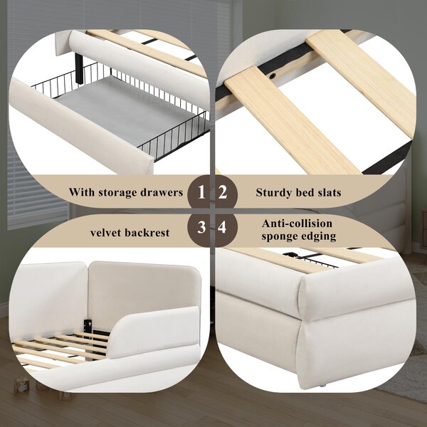 Upholstered 3ft Single Bed with Drawer and Fitted Side Rails, Velvet Upholstery Daybed for Compact Room, 205.5L x 80W x 98H cm, Beige Aosom UK