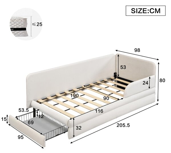 Upholstered 3ft Single Bed with Drawer and Fitted Side Rails, Velvet Upholstery Daybed for Compact Room, 205.5L x 80W x 98H cm, Beige Aosom UK