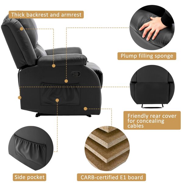 Adjustable Pull‑tab Recliner with Side Storage Pocket, Padded Cushions, High‑back Armchair for the Elderly, 82L x 86W x 99H cm, Black Aosom UK