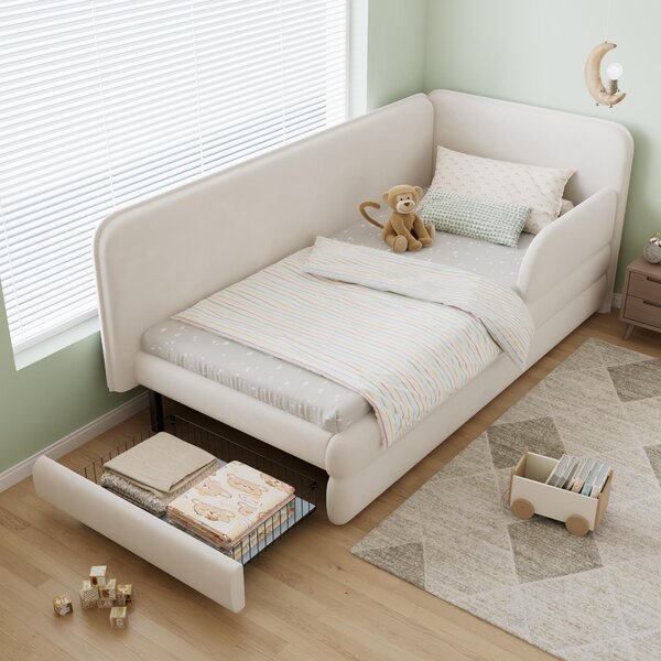 Upholstered 3ft Single Bed with Drawer and Fitted Side Rails, Velvet Upholstery Daybed for Compact Room, 205.5L x 80W x 98H cm, Beige Aosom UK