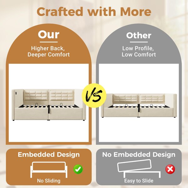3ft Upholstered Single Sofa Bed with USB and Type-C Charging Station, Under-bed Storage with Side Pockets, 205L x 106W x 75H cm, Beige Aosom UK