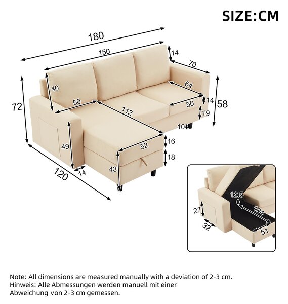 L-Shaped 3 Seater Sofa Bed with Reversible Chaise, Type-C Charging, Convertible Sleeper for Living Room, 180x120x72 cm, Beige Aosom UK