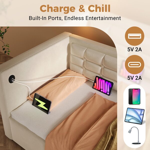 3ft Upholstered Single Sofa Bed with USB and Type-C Charging Station, Under-bed Storage with Side Pockets, 205L x 106W x 75H cm, Beige Aosom UK