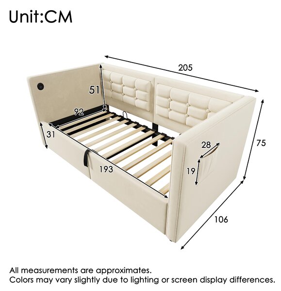 3ft Upholstered Single Sofa Bed with USB and Type-C Charging Station, Under-bed Storage with Side Pockets, 205L x 106W x 75H cm, Beige Aosom UK