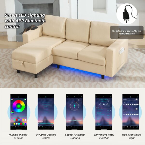 L-Shaped 3 Seater Sofa Bed with Reversible Chaise, Type-C Charging, Convertible Sleeper for Living Room, 180x120x72 cm, Beige Aosom UK