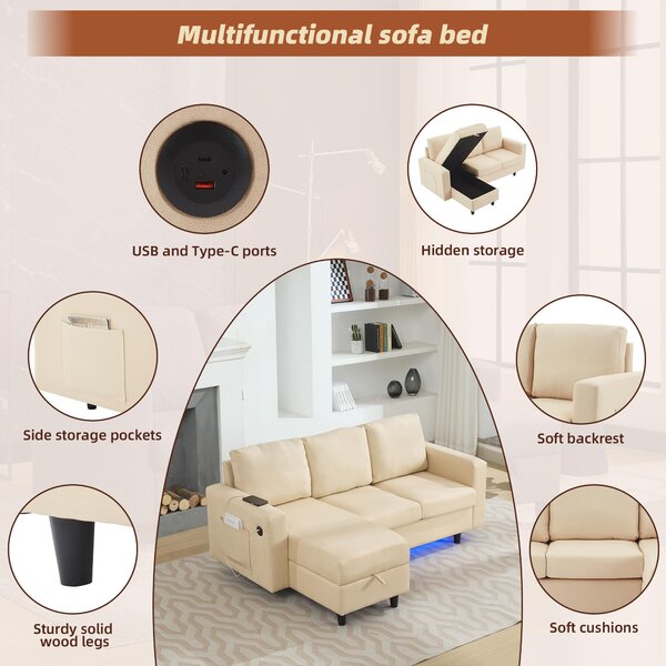 L-Shaped 3 Seater Sofa Bed with Reversible Chaise, Type-C Charging, Convertible Sleeper for Living Room, 180x120x72 cm, Beige Aosom UK