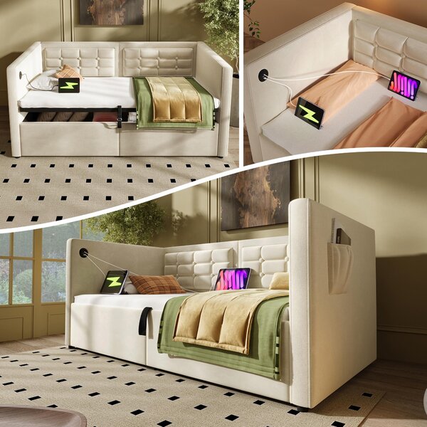 3ft Upholstered Single Sofa Bed with USB and Type-C Charging Station, Under-bed Storage with Side Pockets, 205L x 106W x 75H cm, Beige Aosom UK