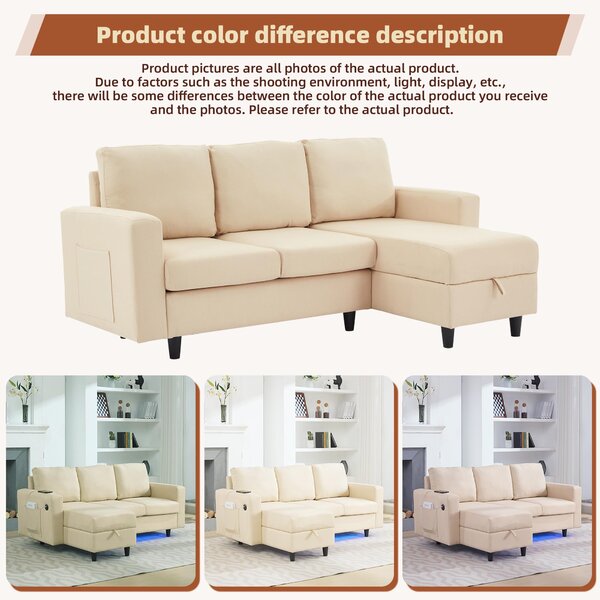 L-Shaped 3 Seater Sofa Bed with Reversible Chaise, Type-C Charging, Convertible Sleeper for Living Room, 180x120x72 cm, Beige Aosom UK