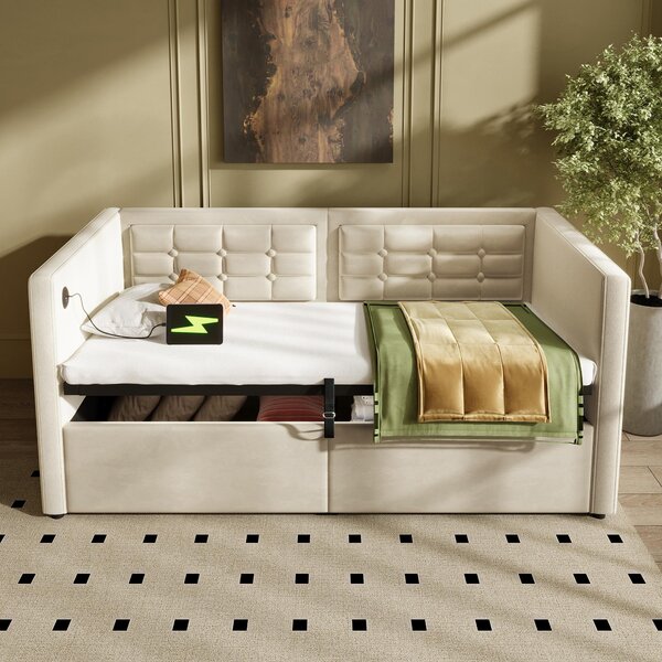 3ft Upholstered Single Sofa Bed with USB and Type-C Charging Station, Under-bed Storage with Side Pockets, 205L x 106W x 75H cm, Beige Aosom UK