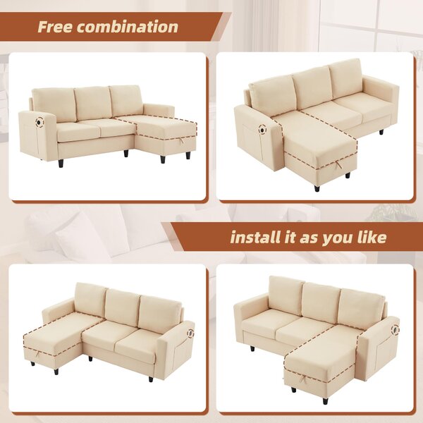 L-Shaped 3 Seater Sofa Bed with Reversible Chaise, Type-C Charging, Convertible Sleeper for Living Room, 180x120x72 cm, Beige Aosom UK