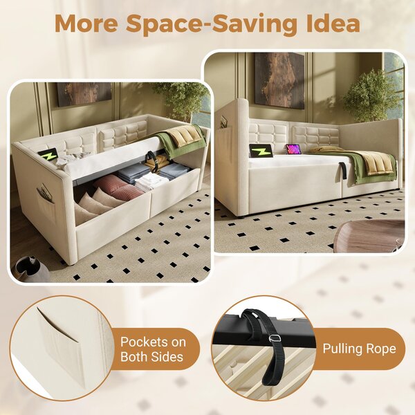 3ft Upholstered Single Sofa Bed with USB and Type-C Charging Station, Under-bed Storage with Side Pockets, 205L x 106W x 75H cm, Beige Aosom UK