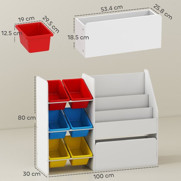 AIYAPLAY Toy Storage Unit, 3-Tier Toy Organiser Shelf with 6 Removable Storage Bins for Bedroom, Nursery, Multicolour
