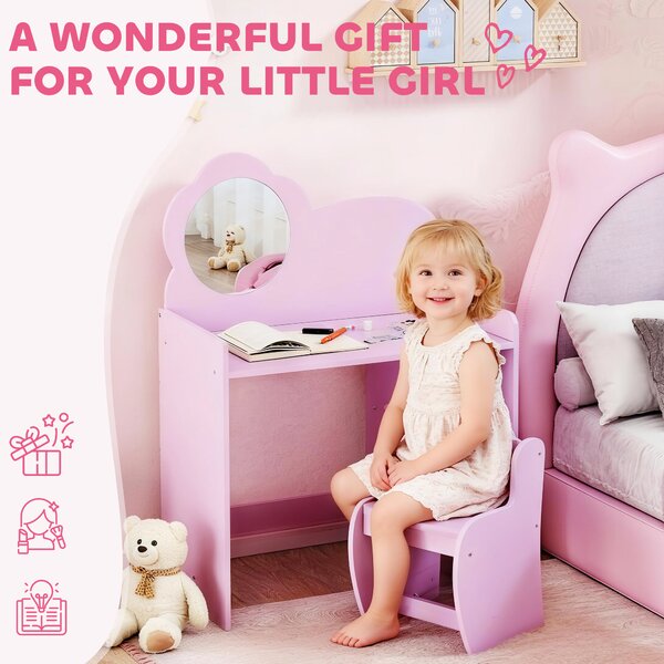 AIYAPLAY Kids Dressing Table with Mirror, Stool, Kids Vanity Table with Shelves, for Ages 3-8 Years, Purple