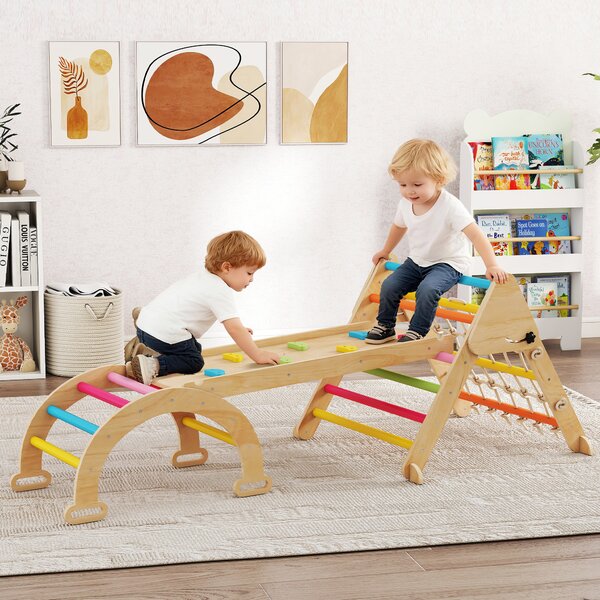 AIYAPLAY 8-in-1 Toddler Climbing Frame, Indoor Play Triangle Set with Slide, Arch and Triangle Ladder, Multicolour