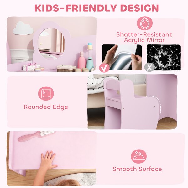 AIYAPLAY Kids Dressing Table with Mirror, Stool, Kids Vanity Table with Shelves, for Ages 3-8 Years, Purple