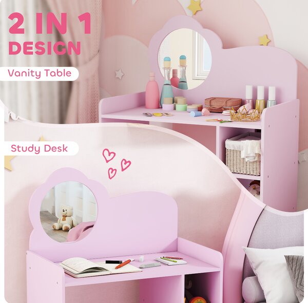 AIYAPLAY Kids Dressing Table with Mirror, Stool, Kids Vanity Table with Shelves, for Ages 3-8 Years, Purple