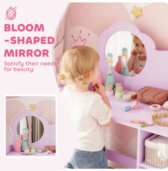 AIYAPLAY Kids Dressing Table with Mirror, Stool, Kids Vanity Table with Shelves, for Ages 3-8 Years, Purple