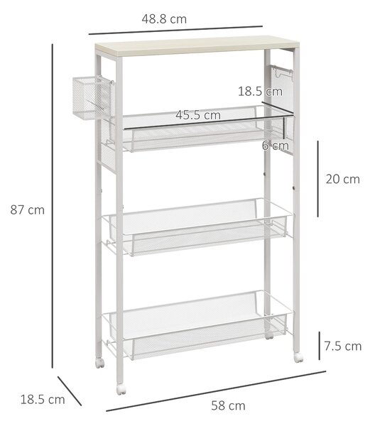 HOMCOM 3-Tier Kitchen Cart with 3 Steel Wire Baskets - White
