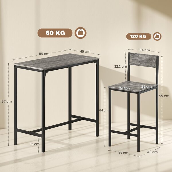 HOMCOM 3-Piece Bar Table Set with 2 Stools, Industrial Breakfast Bar Set with Footrest, Backrest for Dining Room, Small Space