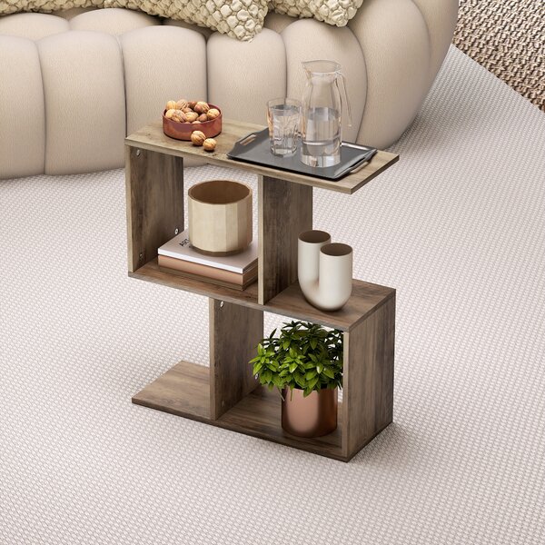 HOMCOM Side Table, Narrow End Table with Storage Shelves, S-Shaped, 3-Tier, 50W x 19.5D x 58H cm, Oak