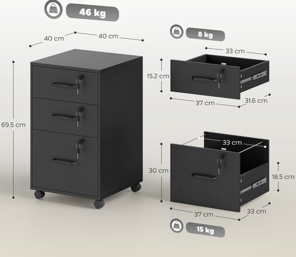 HOMCOM Three Drawer Wood-Effect Filing Cabinet - Black